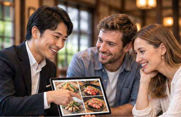 スタッフが外国人観光客にレストランを紹介
